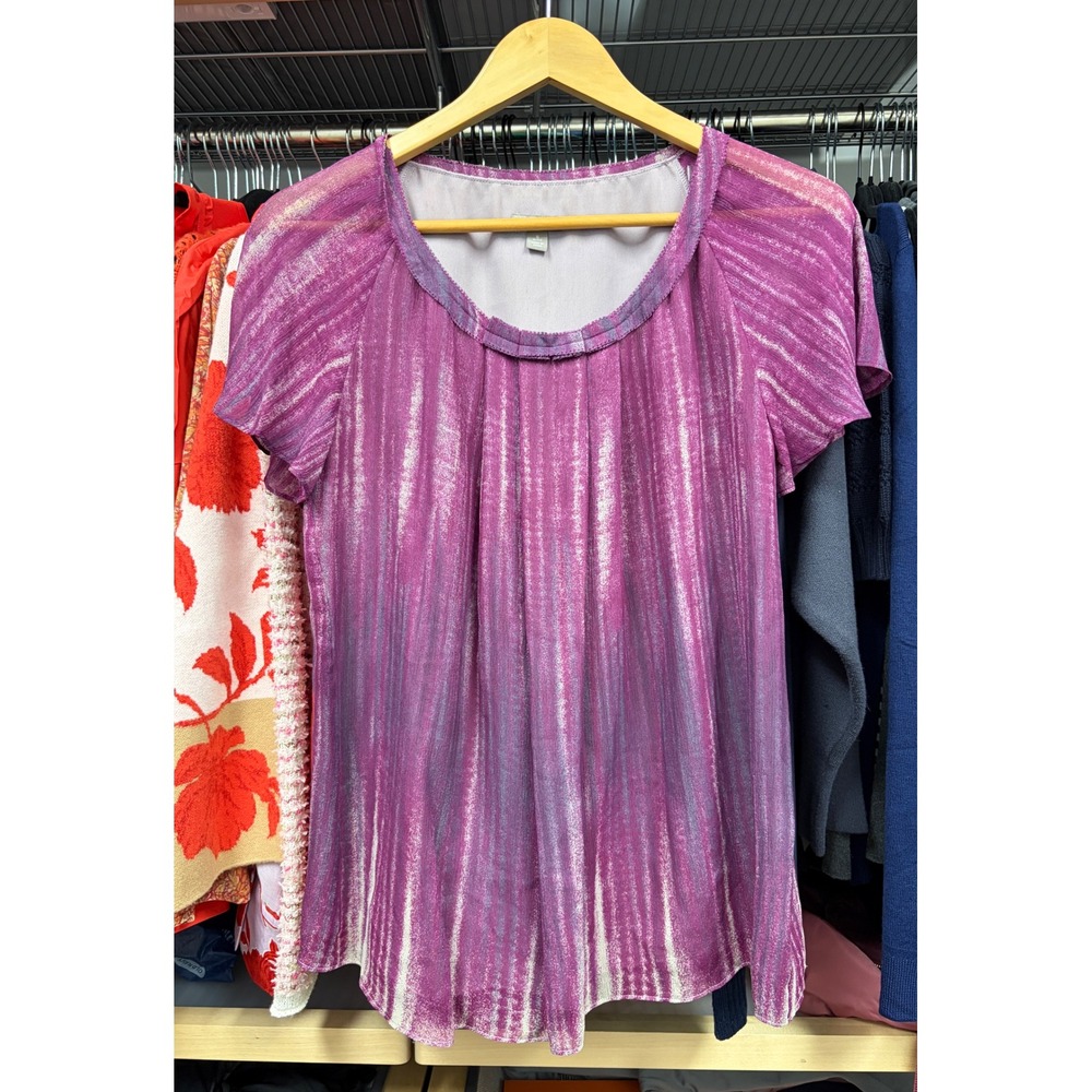 J.Jill Purple Abstract Stripe 100% Silk Pleated Neck Blouse Petite Small 702800